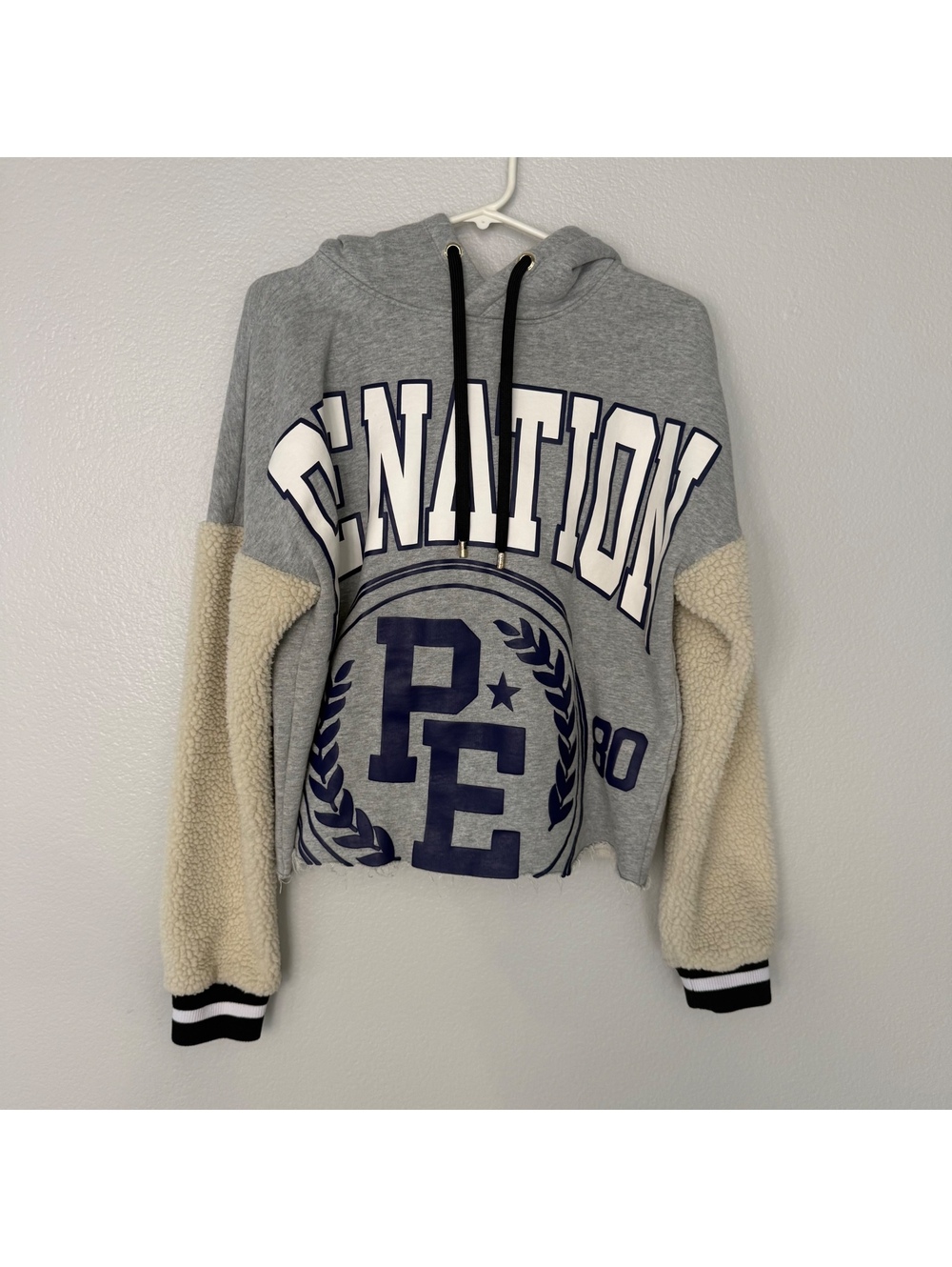P.E Nation Grey Hoodie with Sherpa Sleeves and Drawstring Hood, Size S
